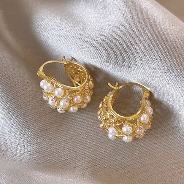 French Rhinestone Pearl Mesh Geometry Ear Clip