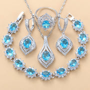 Inlaid Gemstone Pendant Earrings Necklace And Ring For Women 4 PCs Set