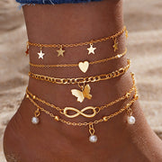 Best Seller In Europe And America Butterfly Pearl Heart Anklet 4-piece Set Multi-layer