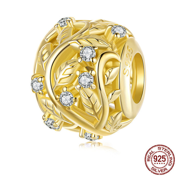 S925 Sterling Silver Plated 14k Golden Leaf Bead Accessories Romantic