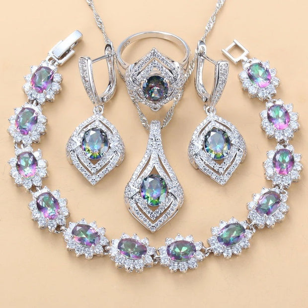 Inlaid Gemstone Pendant Earrings Necklace And Ring For Women 4 PCs Set